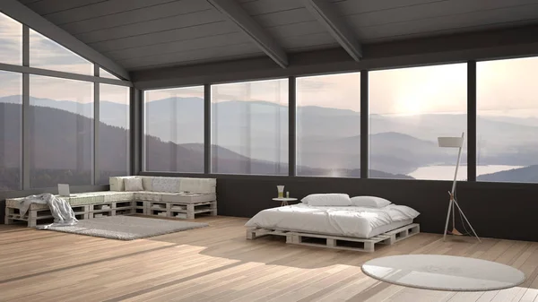 Big panoramic bedroom with windows on mountain valley, diy bed made with pallet, wooden sofa with pillows, carpet rug, scandinavian floor lamp, modern architecture interior design — 스톡 사진