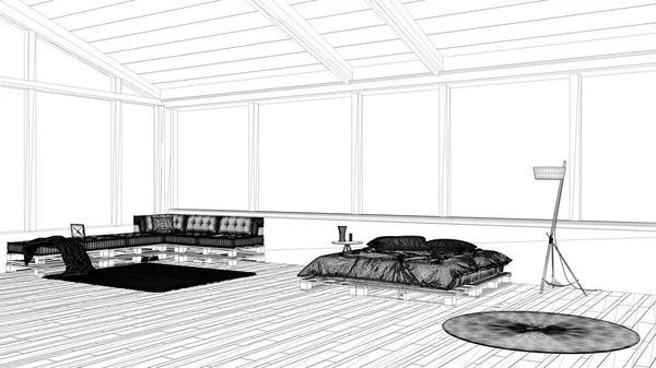 ブループリントプロジェクトの草案、山の谷に窓のあるパノラマの寝室、パレットで作られたベッド、枕、カーペットラグ、モダンな建築インテリアデザインの木製ソファ — ストック写真