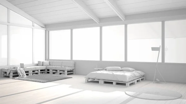 Progetto bianco totale bozza di camera da letto panoramica con finestre sulla valle della montagna, letto fai da te realizzato con pallet, divano in legno con cuscini, tappeto in moquette, architettura moderna interior design — Foto Stock