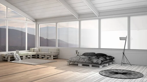 Projekt architektoniczny wnętrz: niedokończony projekt, który staje się realny, panoramiczna sypialnia z oknami na góry, łóżko z palety, sofa z poduszkami, wystrój wnętrz — Zdjęcie stockowe