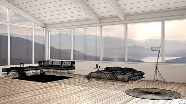 Puste białe wnętrze z parkietem i panoramicznym oknem z górami, projekt architektoniczny na zamówienie, szkic czarnego tuszu, projekt pokazujący sypialnię z łóżkiem paletowym i sofą — Zdjęcie stockowe