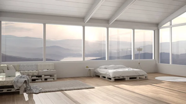 Big panoramic bedroom with windows on mountain valley, diy bed made with pallet, wooden sofa with pillows, carpet rug, scandinavian floor lamp, modern architecture interior design