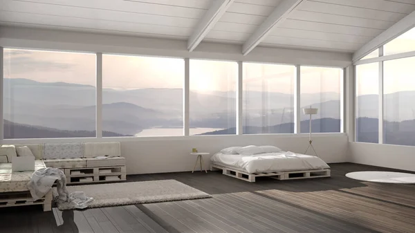 Big panoramic bedroom with windows on mountain valley, diy bed made with pallet, wooden sofa with pillows, carpet rug, scandinavian floor lamp, modern architecture interior design