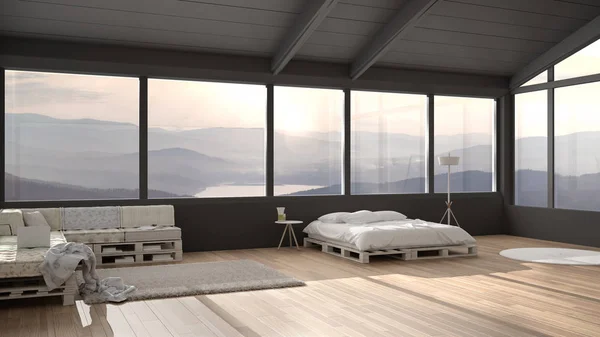 Big panoramic bedroom with windows on mountain valley, diy bed made with pallet, wooden sofa with pillows, carpet rug, scandinavian floor lamp, modern architecture interior design