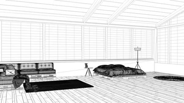 Blueprint project draft, panoramic bedroom with windows on mountain valley, diy bed made with pallet, wooden sofa with pillows, carpet rug, modern architecture interior design