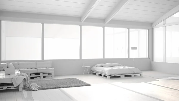 Total white project draft of panoramic bedroom with windows on mountain valley, diy bed made with pallet, wooden sofa with pillows, carpet rug, modern architecture interior design