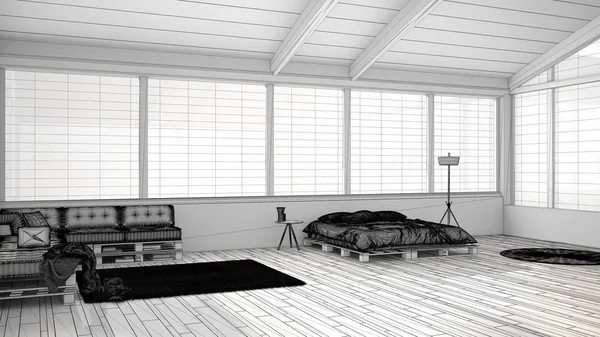 Pencereli panoramik yatak odası tamamlanmamış, paletten yapılma soluk yatak, yastıklı ahşap kanepe, halı, İskandinav lambası, modern iç mimari tasarım. — Stok fotoğraf