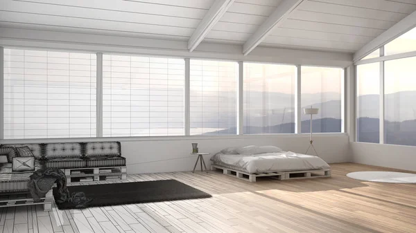 Architect interior designer concept: unfinished project that becomes real, panoramic bedroom with windows on mountains, diy bed made with pallet, sofa with pillows, interior design