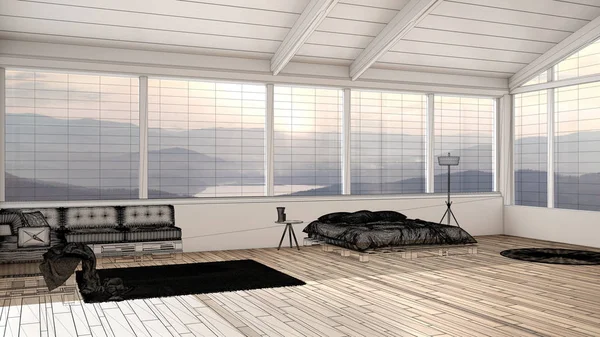 Empty white interior with parquet floor and panoramic window with mountains, custom architecture design project, black ink sketch, blueprint showing bedroom with pallet bed and sofa