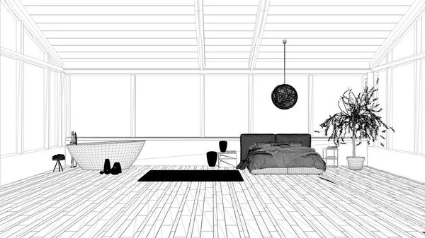 Projekt planu projektu, panoramiczna luksusowa sypialnia z oknami, podwójne łóżko z kołdrą, szafki nocne z lampką, wanna, drzewo oliwne, lampa wisząca, nowoczesny wystrój wnętrz architektury — Zdjęcie stockowe
