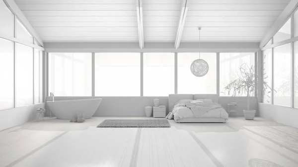 Всего белый проект проекта проект панорамной роскошной спальни с окнами, двуспальная кровать с одеялом, тумбочки, ванна, оливковое дерево, подвесная лампа, современный дизайн интерьера архитектуры — стоковое фото