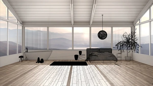 Пустой белый интерьер с паркетным полом и панорамным окном с горами, дизайнерский проект, черно-чернильный эскиз, чертеж спальни с кроватью и ванной — стоковое фото