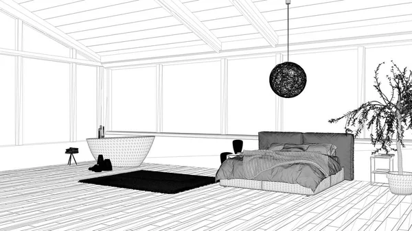 Σχέδιο έργου σχέδιο, πανοραμική πολυτελή κρεβατοκάμαρα με παράθυρα, διπλό κρεβάτι με πάπλωμα, κομοδίνα με λάμπα, μπανιέρα, ελιά, κρεμαστό φωτιστικό, μοντέρνα αρχιτεκτονική εσωτερική διακόσμηση — Φωτογραφία Αρχείου