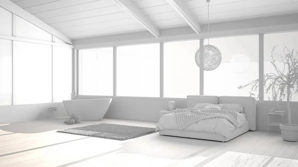 Total hvid projekt udkast til panoramisk luksus soveværelse med vinduer, dobbeltseng med dyne, natborde, badekar, oliventræ, vedhæng lampe, moderne arkitektur interiør design - Stock-foto