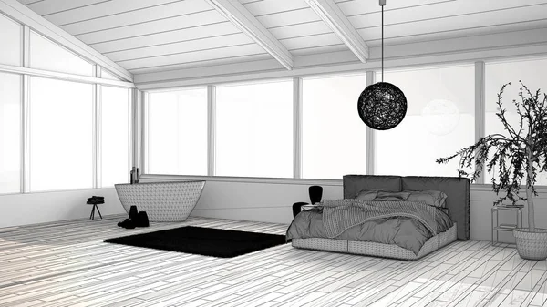 Unfinished project of panoramic luxury bedroom with windows, double bed with duvet, bedside tables, bathtub, olive tree, pendant lamp, modern architecture interior design — Stock Fotó