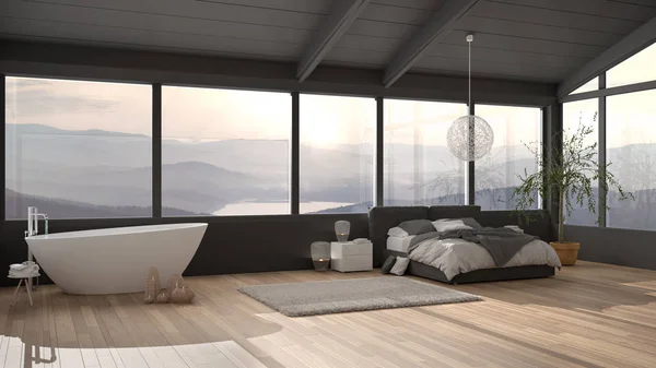 Big panoramic luxury bedroom with windows on mountain valley, double bed with duvet, bedside tables with lamp, bathtub, olive tree, pendant lamp, modern architecture interior design