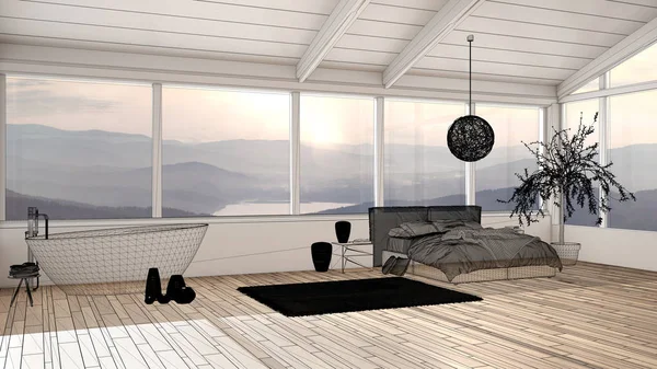 Empty white interior with parquet floor and panoramic window with mountains, custom architecture design project, black ink sketch, blueprint showing bedroom with bed and bathtub — Stockfoto