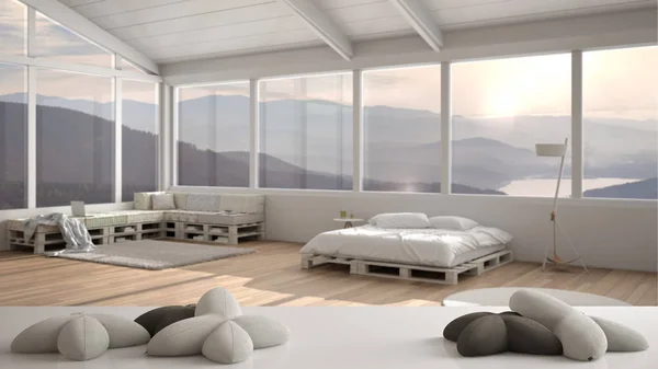 Modernes weißes und hölzernes Schlafzimmer, Bett und begehbarer