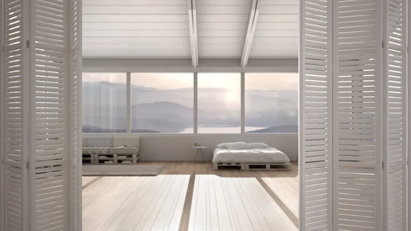 Λευκό άνοιγμα πτυσσόμενη πόρτα στη σύγχρονη πολυτέλεια μινιμαλιστικό υπνοδωμάτιο με διπλό κρεβάτι, καναπέ και μεγάλο παράθυρο panramic, εσωτερική διακόσμηση, αρχιτεκτονική έννοια σχεδιαστής, θολό φόντο — Φωτογραφία Αρχείου