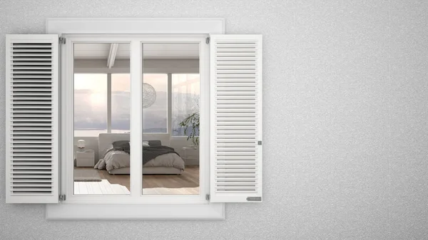 Panjurlu beyaz pencereli dış alçı duvar, içerideki modern yatak odasını gösteriyor, fotokopi alanı ile boş arkaplan, mimari tasarım fikri, model şablon — Stok fotoğraf