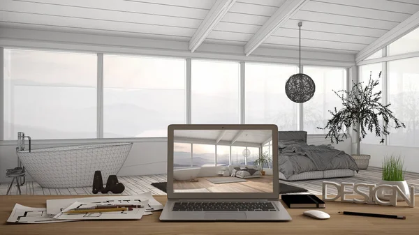 Architect designer desktop concept, laptop on wooden work desk with screen showing interior design project, σχέδιο φόντο, μοντέρνα λευκή κρεβατοκάμαρα με μπανιέρα — Φωτογραφία Αρχείου