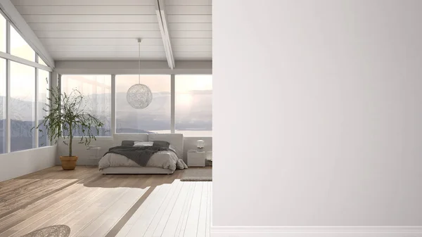 Современная минималистская спальня с двуспальной кроватью и панорамным окном на передней стене, архитектурная идея дизайна интерьера, концепция с копировальным пространством, блан фон — стоковое фото