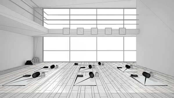 Unvollendetes Projekt eines leeren Yoga-Studios Innenarchitektur, minimaler offener Raum, räumliche Organisation mit Matten und Accessoires, großes Panoramafenster, moderne Konzeptidee — Stockfoto