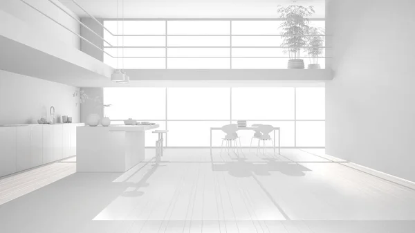 Progetto total white di cucina minimalista con isola, tavolo da pranzo con sedie, parquet, soppalco, grandi finestre panoramiche, piante di bambù, interior design — Foto Stock