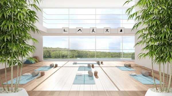 Empty yoga studio interior design architecture, minimal open space, spatial  organization with mats, and accessories, ready for yoga practice, panoramic  window with lake panorama Stock Photo by ©ArchiVIz 317773076