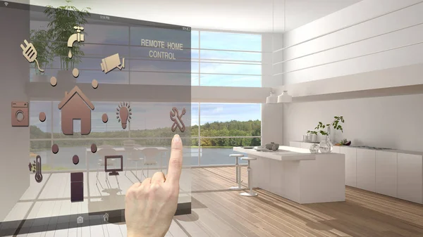 スマート ホーム コントロールの概念、モバイル アプリぼやけた背景を示すモダンな白と木製モダンなキッチン、建築インテリア デザインからデジタル インターフェイスを制御する手 — ストック写真
