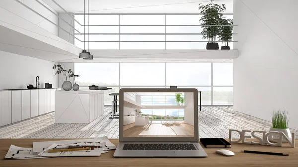 Concetto di desktop designer architetto, laptop su scrivania in legno con schermo che mostra il progetto di interior design, progetto di progetto di sfondo, moderna cucina bianca con dettagli in legno — Foto Stock