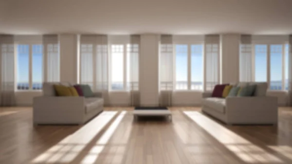 Дизайн інтер'єру розмитого фону: відкритий простір з диваном, сучасна вітальня, вітальня з великими панорамними вікнами зі шторами, паркет, ліпниною, концепція класичної архітектури — стокове фото