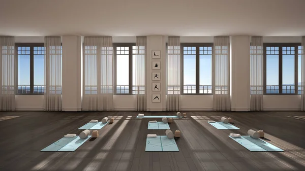 Empty yoga studio interior design, classic space, parquet floor, walls with stucco, mats, pillows and accessories, ready for yoga practice, meditation, panoramic window, sea view