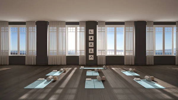 Empty yoga studio interior design, classic space, parquet floor, walls with stucco, mats, pillows and accessories, ready for yoga practice, meditation, panoramic window, sea view
