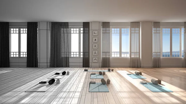 Concepto de diseñador de interiores Arquitecto: proyecto inacabado que se convierte en un estudio de yoga real y vacío diseño de interiores, espacio clásico minimalista, esteras y accesorios, listo para la práctica de yoga —  Fotos de Stock