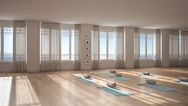 Empty yoga studio interior design, classic space, parquet floor, walls with stucco, mats, pillows and accessories, ready for yoga practice, meditation, panoramic window, sea view — Stock Photo, Image