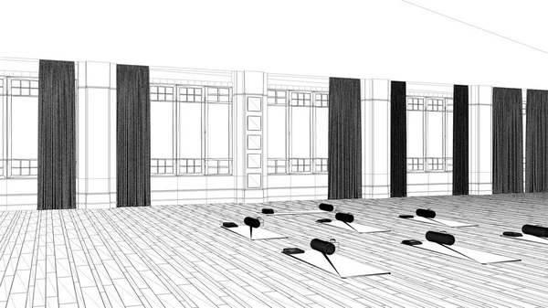 Projeto de projecto de planta, estúdio vazio de ioga design de interiores, espaço clássico mínimo, piso em parquet, paredes com estuque, esteiras e acessórios, pronto para a prática de ioga, meditação — Fotografia de Stock