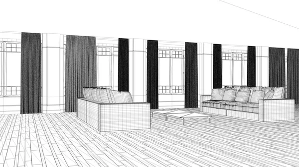Проект чертежа, открытое пространство с дизайном интерьера дивана, современная гостиная, гостиная с большими панорамными окнами с занавесками, паркет, штукатурка стен, классическая архитектурная концепция — стоковое фото
