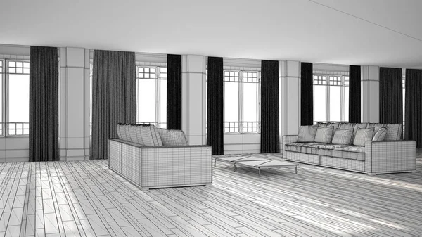 Незавершенный проект открытого пространства с дизайном интерьера дивана, современной гостиной, лоджии с большими панорамными окнами с шторами, паркетом, лепниной стен, концепцией классической архитектуры — стоковое фото