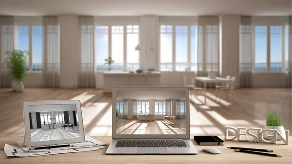 Arquiteto designer de conceito de desktop, laptop e tablet em mesa de madeira com tela mostrando projeto de design de interiores e esboço CAD, esboço borrado no fundo, cozinha branca moderna — Fotografia de Stock