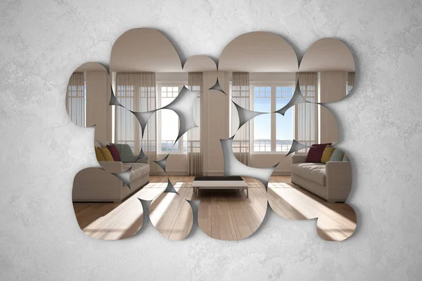 Espelho moderno na forma de seixos pendurados na parede refletindo cena de design de interiores, sala de estar branca e de madeira brilhante, ideia conceito arquiteto designer minimalista — Fotografia de Stock