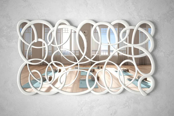 내부 디자인 장면, 파노라마 요가 스튜디오, 명상, 최소 백인 건축, 건축가 디자이너 컨셉 아이디어를 반영하여 벽에 걸려 있는 현대의 왜곡 된 모양 거울 — 스톡 사진
