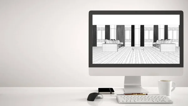 Conceito do projeto da casa do arquiteto, computador desktop no fundo branco, mesa de trabalho mostrando esboço CAD, sala de estar moderna com sofá e mesa, design de interiores — Fotografia de Stock