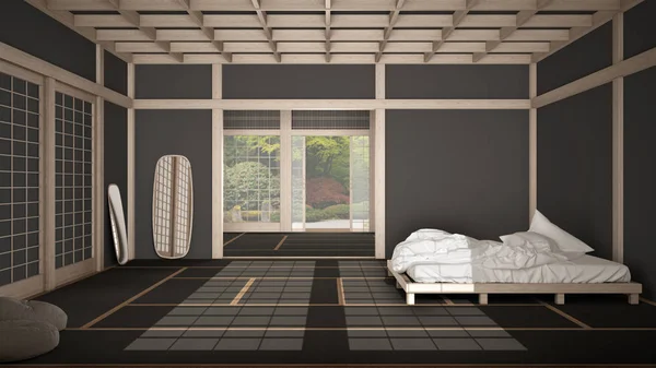 Zen japanese empty minimalist bedroom, wooden roof, tatami floor, futon, double bed, big window on zen garden, meditative space, peace, calm, yoga relaxing room, suite interior design — Stock Photo, Image