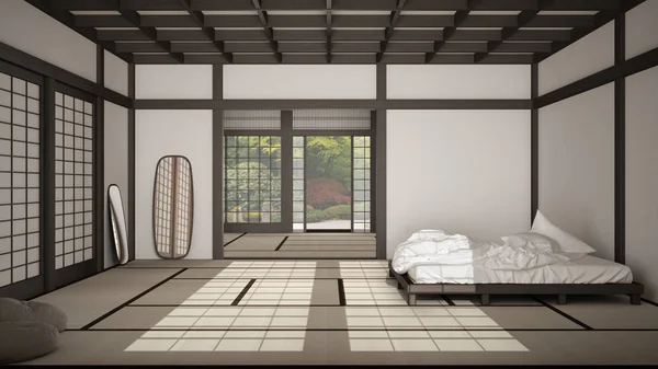 Zen japansk tom minimalistisk sovrum, trä tak, tatami golv, futon, dubbelsäng, stort fönster på zen trädgård, meditativ utrymme, lugn, yoga avkopplande rum, svit inredning — Stockfoto