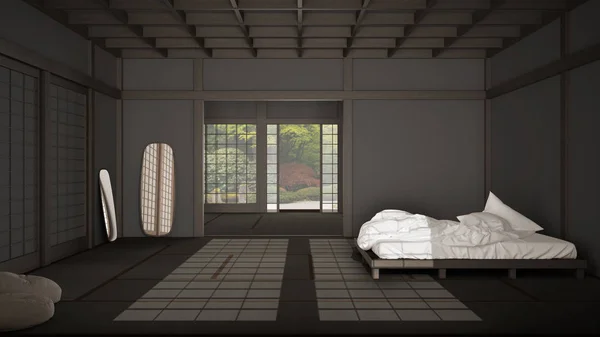 Zen Jepang kamar tidur minimalis kosong, atap kayu, lantai tatami, futon, tempat tidur ganda, jendela besar di kebun zen, ruang meditasi, perdamaian, tenang, yoga ruang santai, desain interior suite — Stok Foto