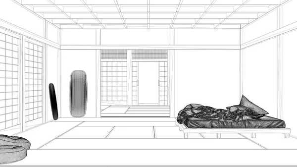 青写真プロジェクトの草案、禅の日本の空のミニマリストのベッドルーム、畳の床、布団、ダブルベッド、大きな窓、瞑想的な空間、平和、穏やかな、ヨガリラックスルーム、スイートインテリアデザイン — ストック写真