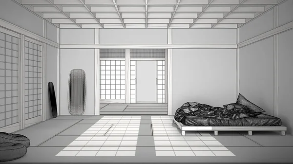 Proyek yang belum selesai dari zen Jepang kamar tidur minimalis kosong, lantai tatami, futon, tempat tidur ganda, jendela besar, ruang meditasi, perdamaian, tenang, yoga ruang santai, desain interior suite — Stok Foto