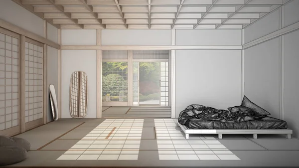 建築家インテリアデザイナーのコンセプト:本物になる未完成のプロジェクト、日本の空のミニマリストのベッドルーム、畳の床、布団、ダブルベッド、大きな窓、スイートのインテリアデザイン — ストック写真