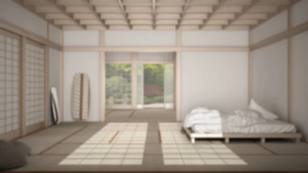 Desain interior latar belakang kabur: zen Jepang kamar tidur minimalis kosong, lantai tatami, futon, tempat tidur ganda, jendela besar, ruang meditasi, perdamaian, tenang, ruang yoga, desain interior suite — Stok Foto